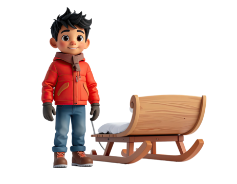 Charming 3D animated boy in a red winter jacket standing with a wooden sled isolated on a white background.