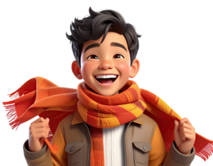 Cheerful animated boy with a big smile wearing a warm scarf.