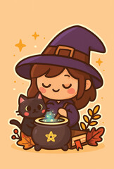 Cute witch and her black cat reading spell book togethe vector illustration