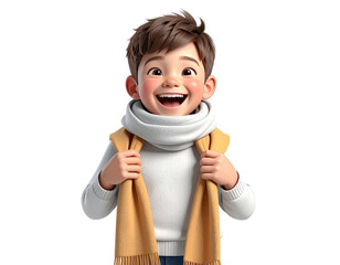 Joyful 3D cartoon boy with a big happy smile wearing a warm scarf.