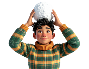 Cheerful animated boy in a plaid sweater holding a snowball on his head.