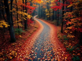 A Scenic Autumn Road Through a Vibrant Forest with Colorful Fallen Leaves
