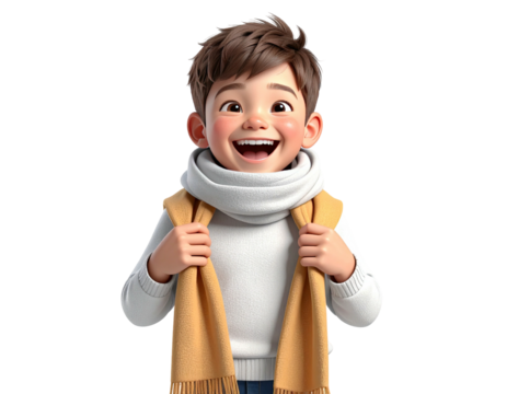Joyful 3D cartoon boy with a big happy smile wearing a warm scarf.