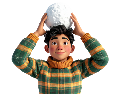 Cheerful animated boy in a plaid sweater holding a snowball on his head.