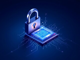 Cybersecurity conceptual illustration with padlock protecting a central processing unit chip