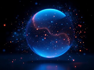 Abstract Glowing Sphere with Blue Light and Internal Orange Sparkles Pattern