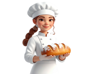 Charming cartoon female baker in uniform holding a fresh loaf of bread.