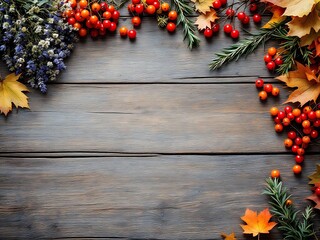 Autumnal floral arrangement with vibrant berries and fall foliage on rustic wood