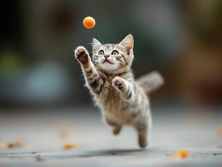 Adorable tabby kitten playfully leaping for an orange ball in mid air