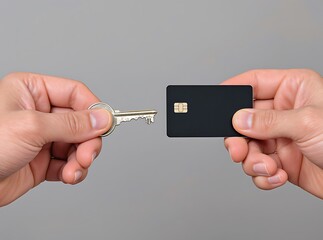 Person holds a key in one hand and a black bank card in other