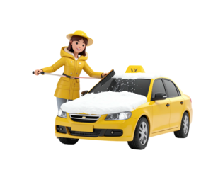 Cartoon woman in a yellow coat cleaning snow from a taxi cab.