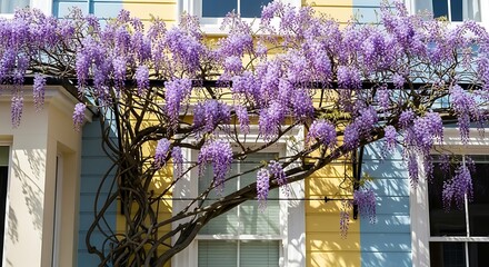 Purple Wisteria Vines on Colorful House.