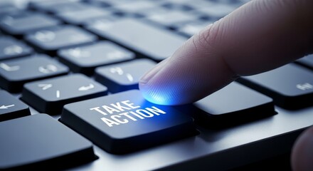 Take Action Button Press Concept - Finger pressing a glowing "Take Action" button on a keyboard, symbolizing decision-making and action