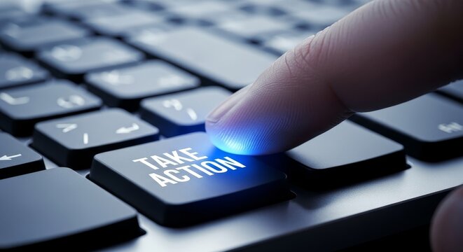 Take Action Button Press Concept - Finger pressing a glowing "Take Action" button on a keyboard, symbolizing decision-making and action