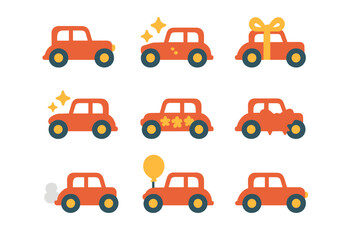 Fototapeta premium Car celebration silhouette icon set. featuring sparkle, gift, floral, balloon, and smoke decorated cars