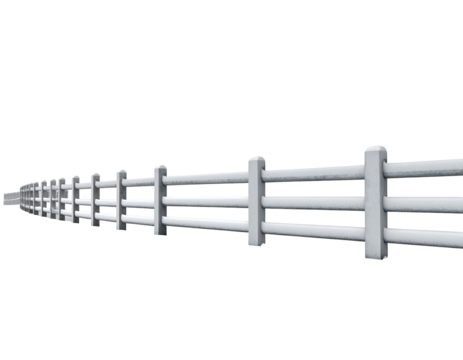 Long white three rail wooden fence isolated on a white background.