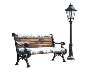 Vintage park bench and classic lamppost covered in snow.