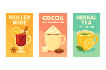 Hot drinks flat icon set. featuring mulled wine, cocoa, and herbal tea symbols