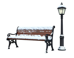 A classic wooden park bench and a vintage lamppost covered in fresh snow isolated on a white background.
