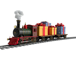 Fototapeta premium Vintage steam locomotive delivering colorful Christmas presents on a track.