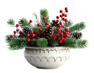Festive Christmas centerpiece with pine branches red berries and pinecones.