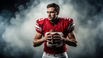 American football player in red uniform holding ball, focused athlete portrait with dramatic smoke background