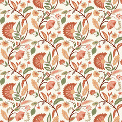 Floral modern boho floral seamless pattern. Hand drawn curve flowers, leaves in damask ornament, Morris wallpaper. Vector beige Indian botanical textile design, ethnic repeat background, print, wrap