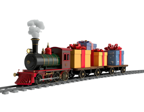 Vintage steam locomotive delivering colorful Christmas presents on a track.