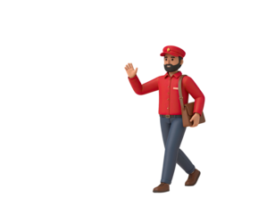 Three dimensional render of a cartoon postman character waving.