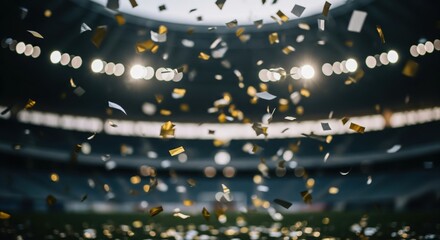 Confetti flying in stadium under bright lights during celebration moment of victory success sports event festive atmosphere dynamic energy and motion