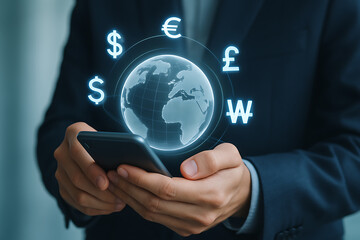 Global financial technology with international currency exchange and mobile banking solutions for worldwide digital economy