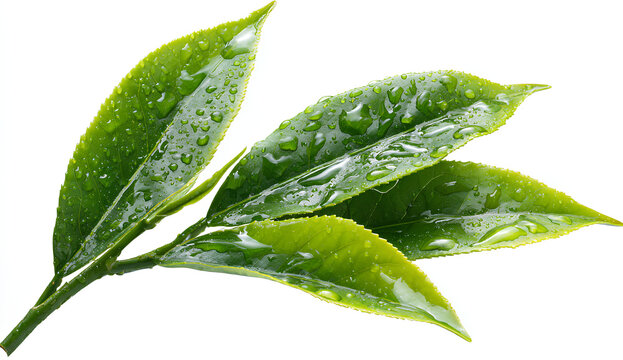 green tea leaves with water drops, isolated on a transparent