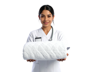 Smiling female doctor in uniform holding a rolled white quilted comforter.