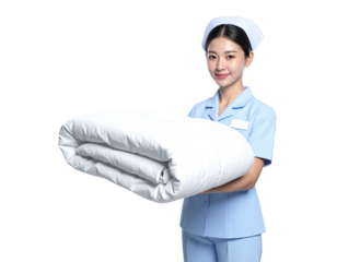 Smiling Asian nurse in a blue uniform holding a folded white duvet.