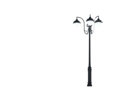 Vintage black metal street light with three lamps isolated on white.