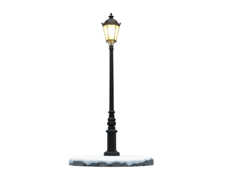 Vintage black street lamppost with a glowing light on a snowy base.