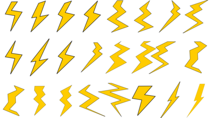 Collection of various yellow lightning bolt illustrations, representing energy and electrical power.