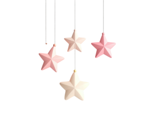 Delicate pastel pink and cream stars hanging from strings.