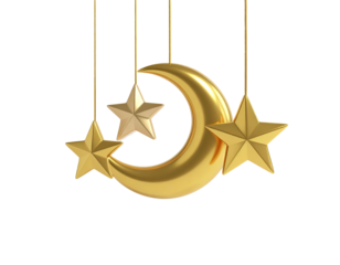 Golden crescent moon and three hanging stars decoration isolated on white.