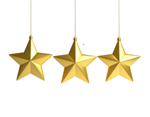 Three beautiful golden stars hanging in a row.