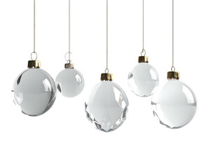 Five elegant transparent glass Christmas baubles hanging in a row.