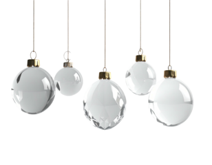 Five elegant transparent glass Christmas baubles hanging in a row.