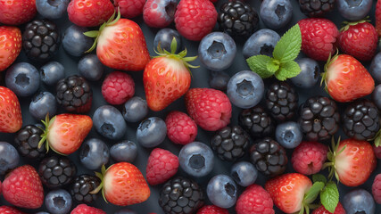 Studio shot of assorted berries strawberries, raspberries, blueberries, blackberries arranged in a centered layout on matte surface. Generative AI