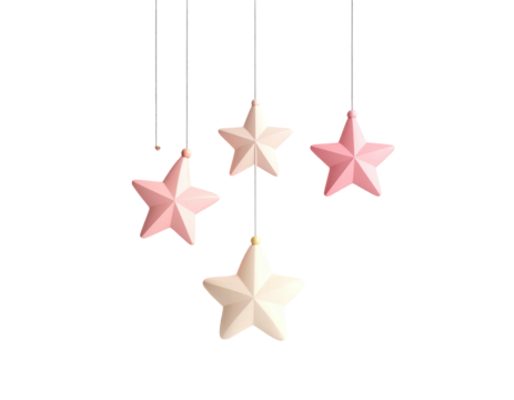Delicate pastel pink and cream stars hanging from strings.