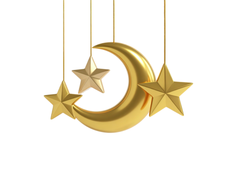 Golden crescent moon and three hanging stars decoration isolated on white.