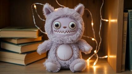 Adorable lavender monster plushie with big eyes offers whimsy and charm for cozy bedtime stories, bringing smiles to children and collectors alike