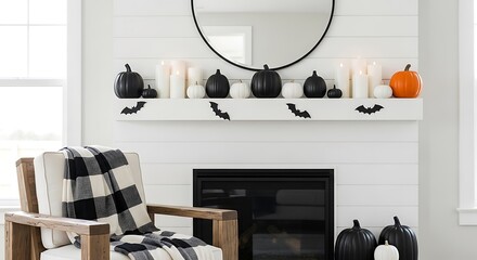 Stylish fireplace mantel with festive Halloween decorations, black pumpkins, candles, and spooky bats