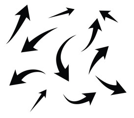 Scattered collection of dynamic black arrows with curved and swooping tails