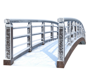 Ornate arched wooden footbridge with decorative metal railings isolated.