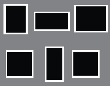 Layout of six blank photo frames with thick white borders on a solid gray background